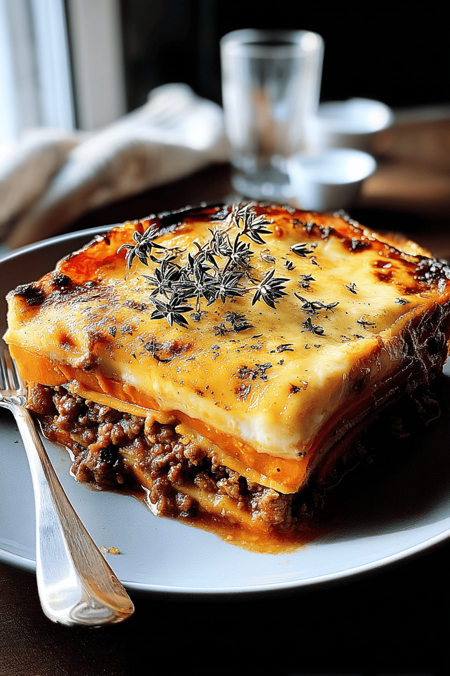 Sweet Potato Greek Moussaka With Eggplant, Steak, And Shrimp For A Hearty Dinner 6 Sweet Potato Greek Moussaka