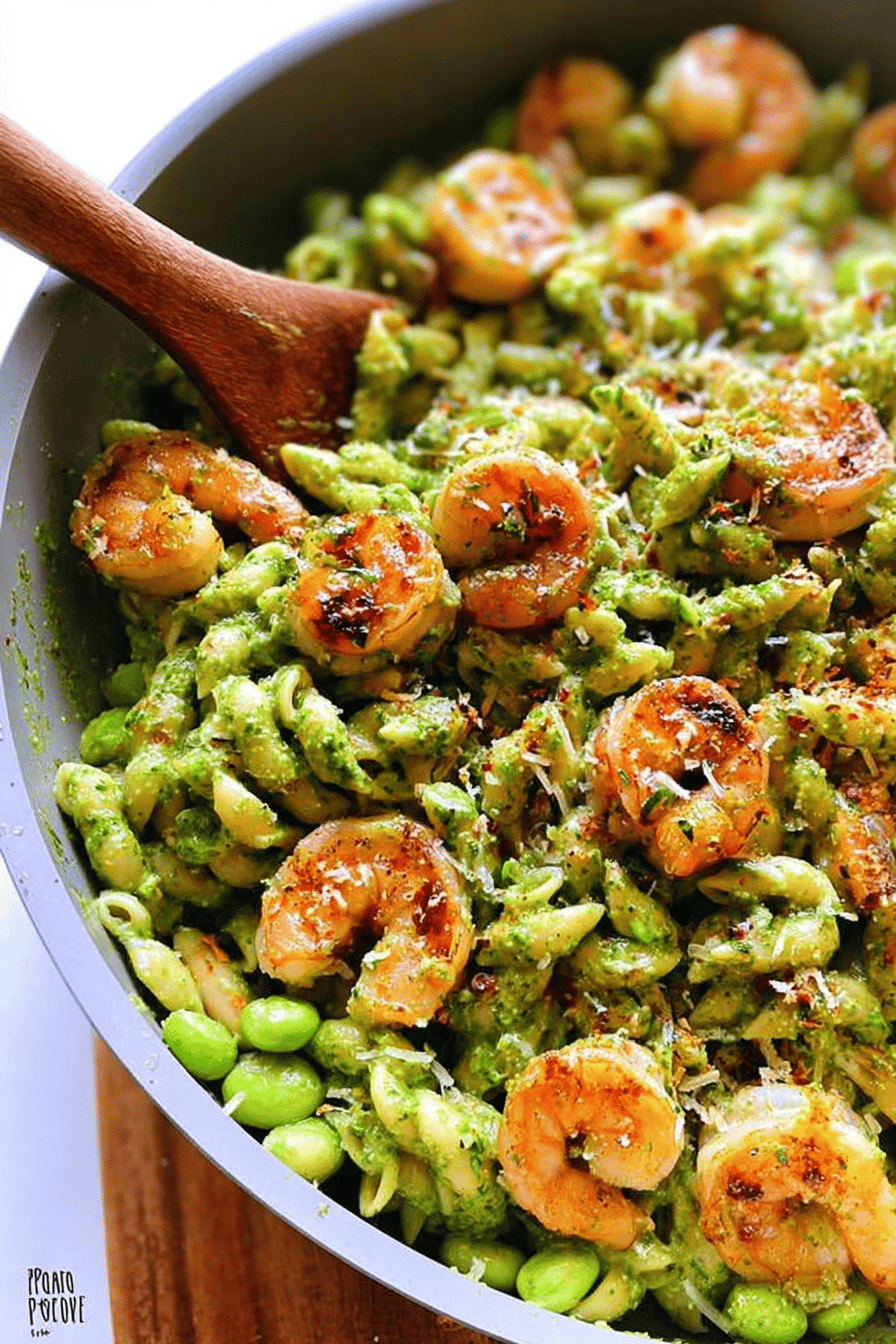 Asparagus Spinach Pesto Pasta With Blackened Shrimp
