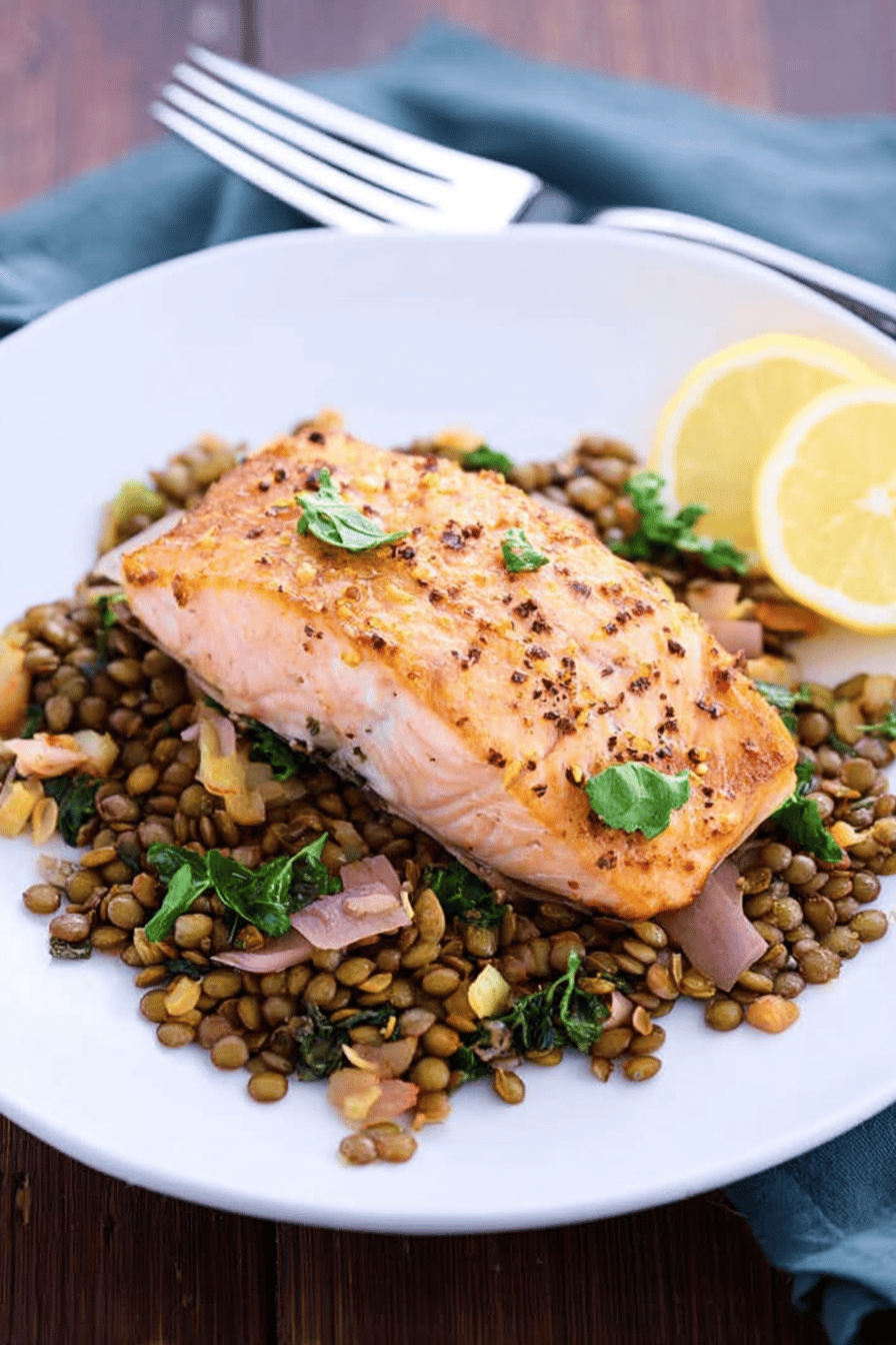 Baked Salmon And Lentils