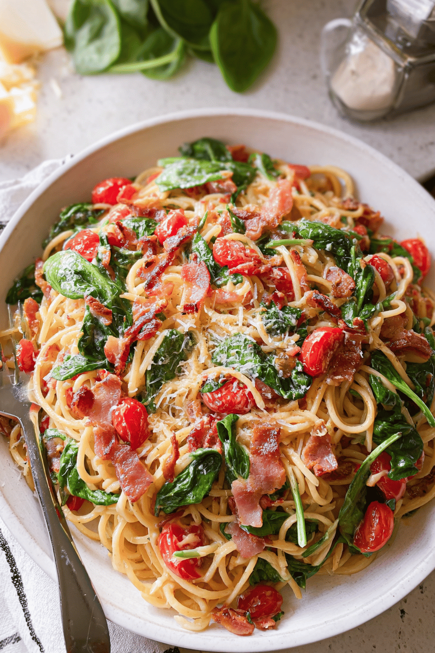Bacon Spinach Tomato Spaghetti