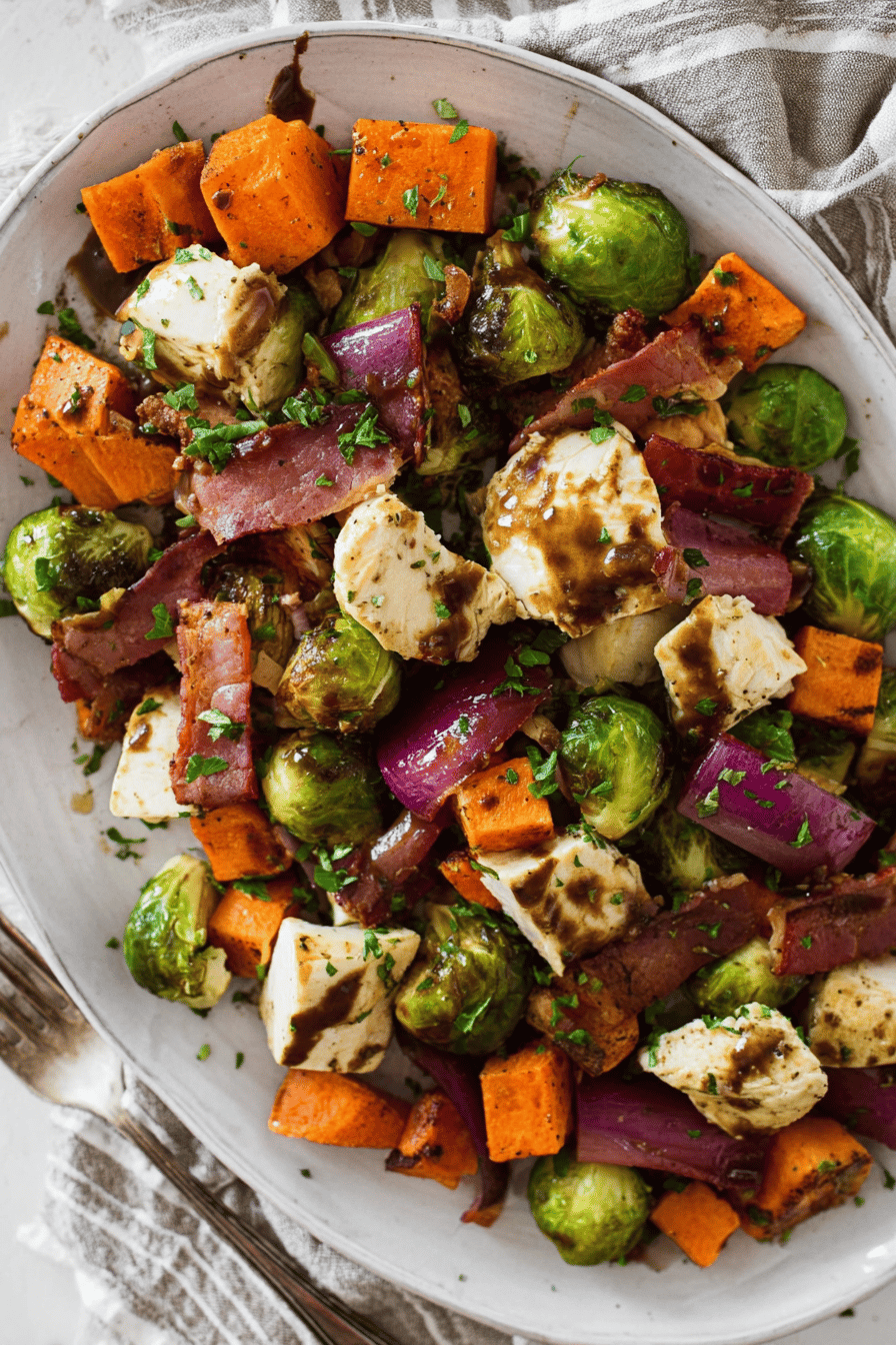 Sheet Pan Chicken Sweet Potatoes Brussels Sprouts Bacon Balsamic Glaze