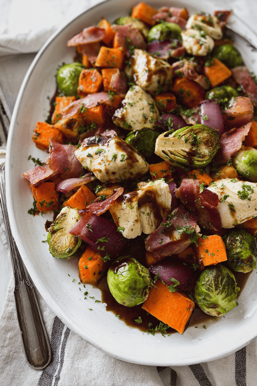 Sheet Pan Chicken Sweet Potatoes Brussels Sprouts Bacon Balsamic Glaze