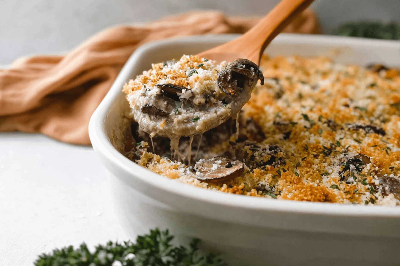 Cheesy Mushroom Casserole Recipe With Creamy Sauce And Crispy Topping 6 Mushroom Casserole
