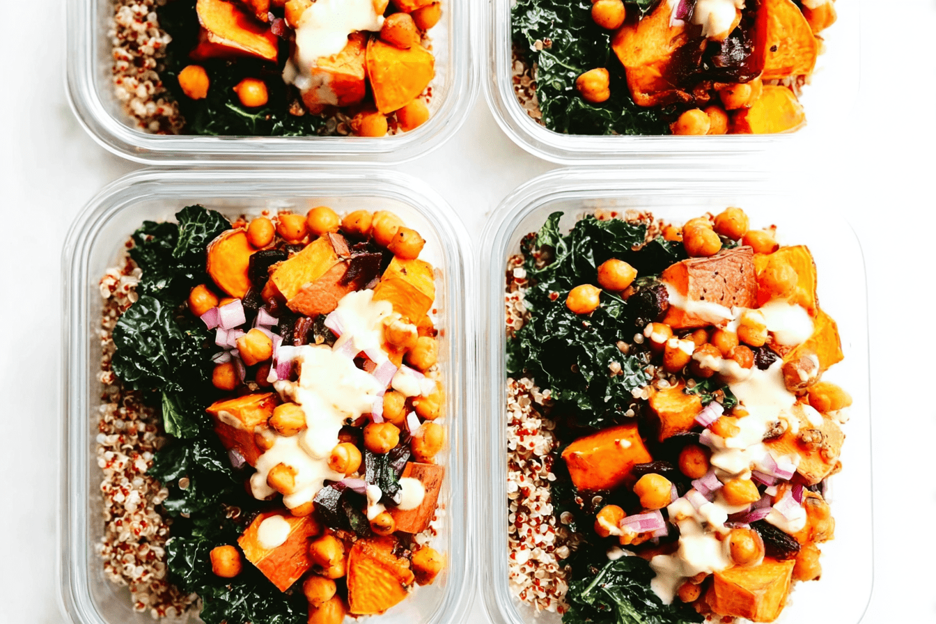 Roasted Sweet Potato Chickpea Kale Salad Bowls